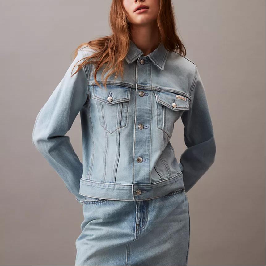 Calvin Klein Solid Color Lapel Single-Breasted Long Sleeve Denim Jacket Women jackets Medium-Blue 40730WP-400