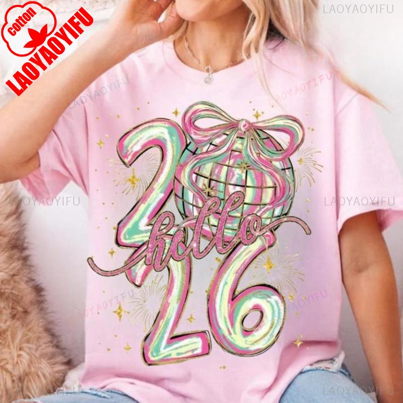 

Coquette Hello Happy 2026 New Chapter Unisex Shirt Brushstroke New Year Disco Ball Hand Drawn Crewneck Printed Tshirt Tops S
