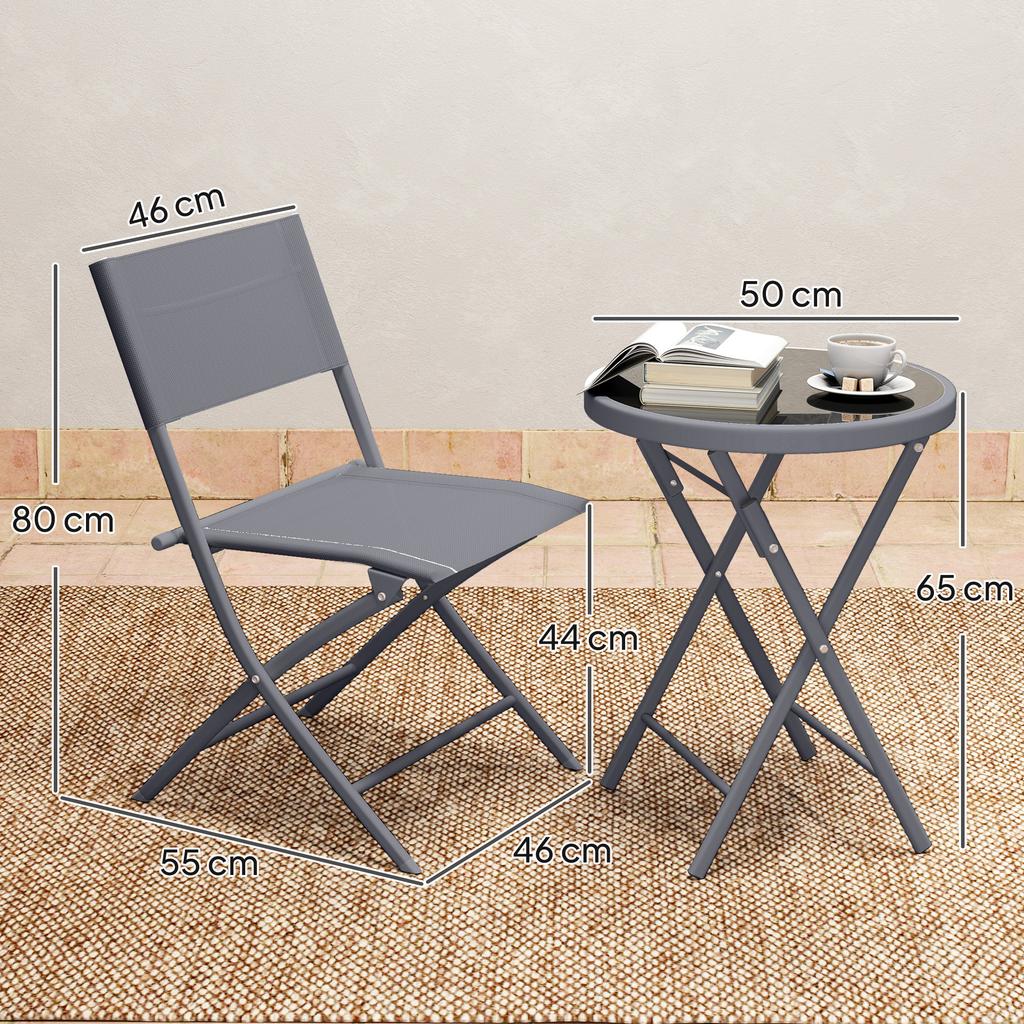 3 Pieces Outdoor Bistro Set Glass Top Outdoor Table And 2 Folding Chairs With Protecting Feet Grey