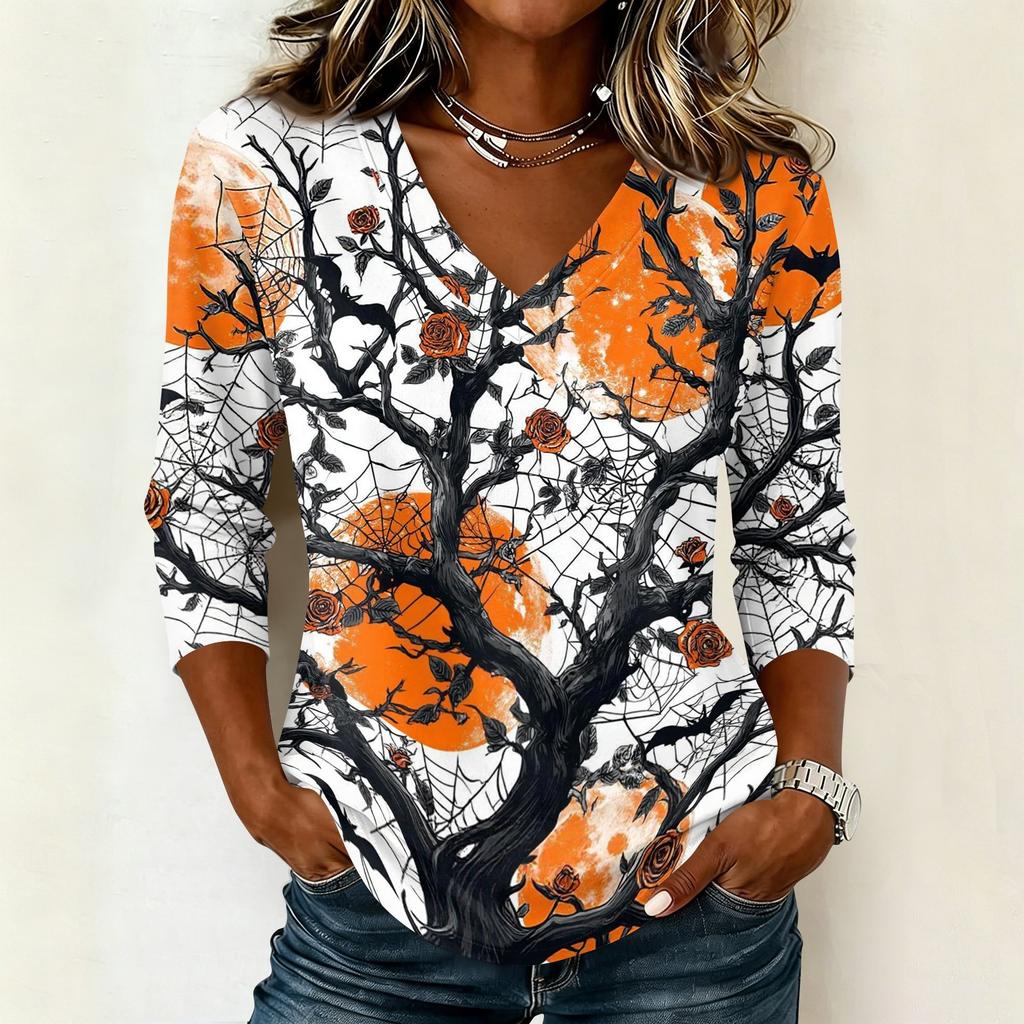 Womens Halloween Graphic V Neck T Shirt Casual 3/4 Sleeve Top Autumn Seasonal Print Loose Fit Pullover