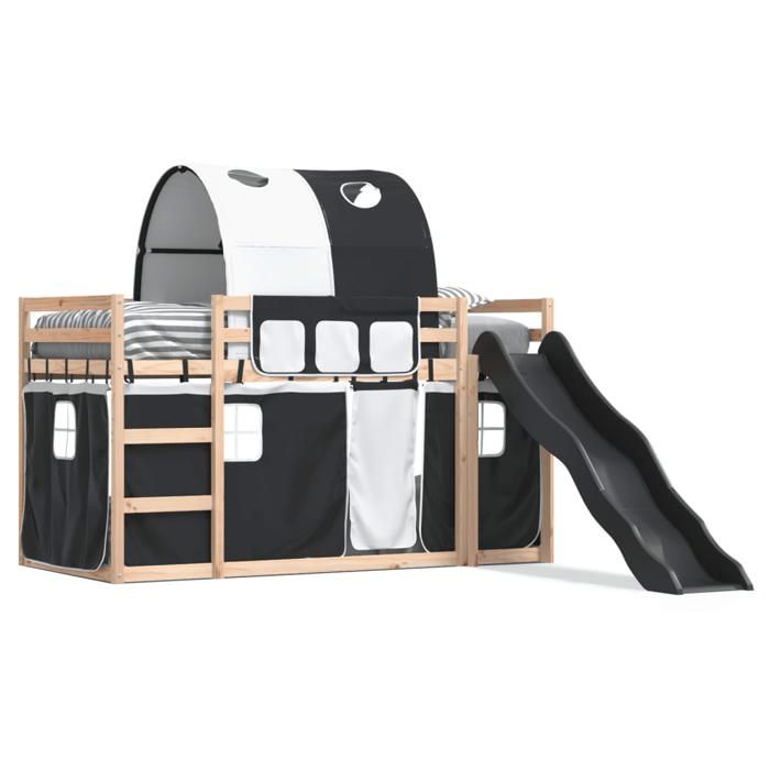 VidaXL Lit superposé avec toboggan et rideaux blanc et noir 90x200 cm, lit, cadre de lit, lit superposé bas, meuble de 3284134