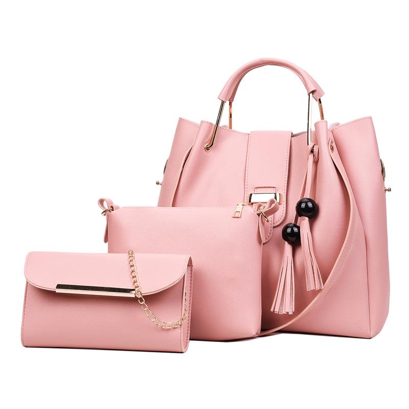 Women's bag diagonal span new solid color fashion beads fringed three-piece set, mother and child bag, portable shoulder messenger bag