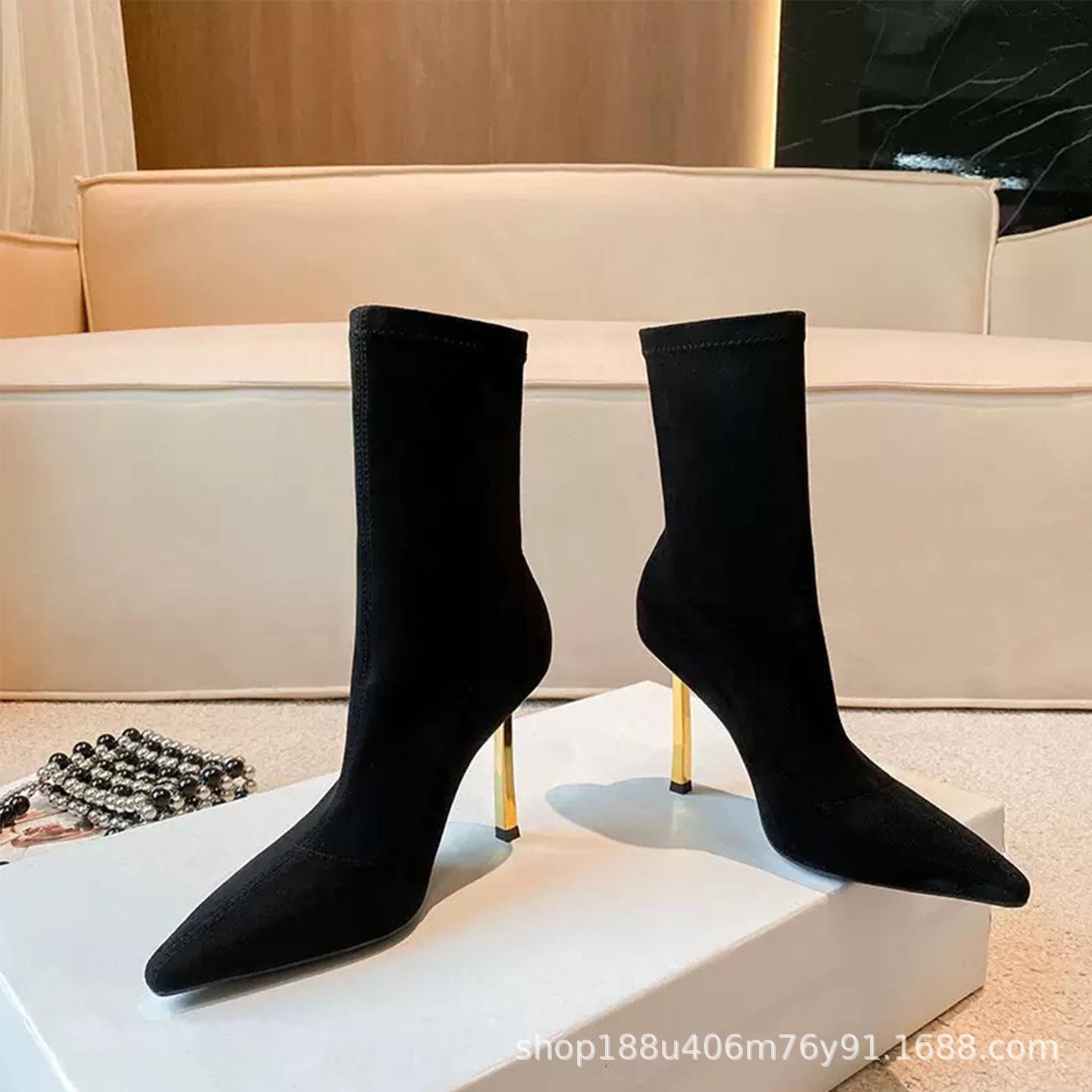 

2025 short boots women s thin boots new small square head high heel thin suede elastic boots autumn and winter metal thin heel boots 39
