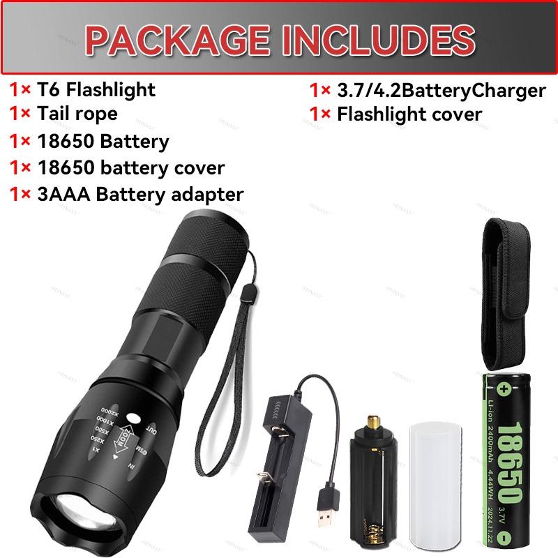 High Power T6 LED Flashlights Camping Torch 5 Light Modes Zoom Light Aluminum Alloys Waterproof Material External 18650 Battery