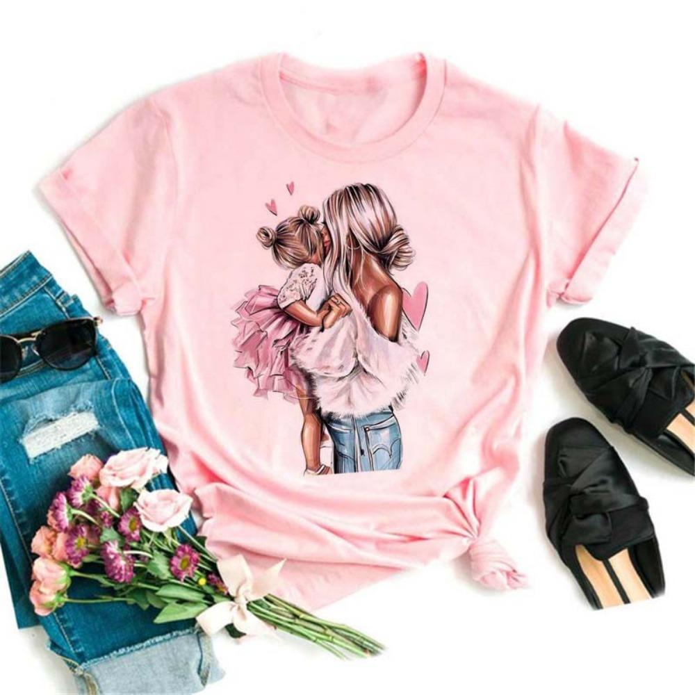 Maycaur Women T Shirt Cartoon Mom with Sons Shirt Fashion Print Casual Woman Tee Ladies Female T-shirt Short Sleeve T Top Shirt