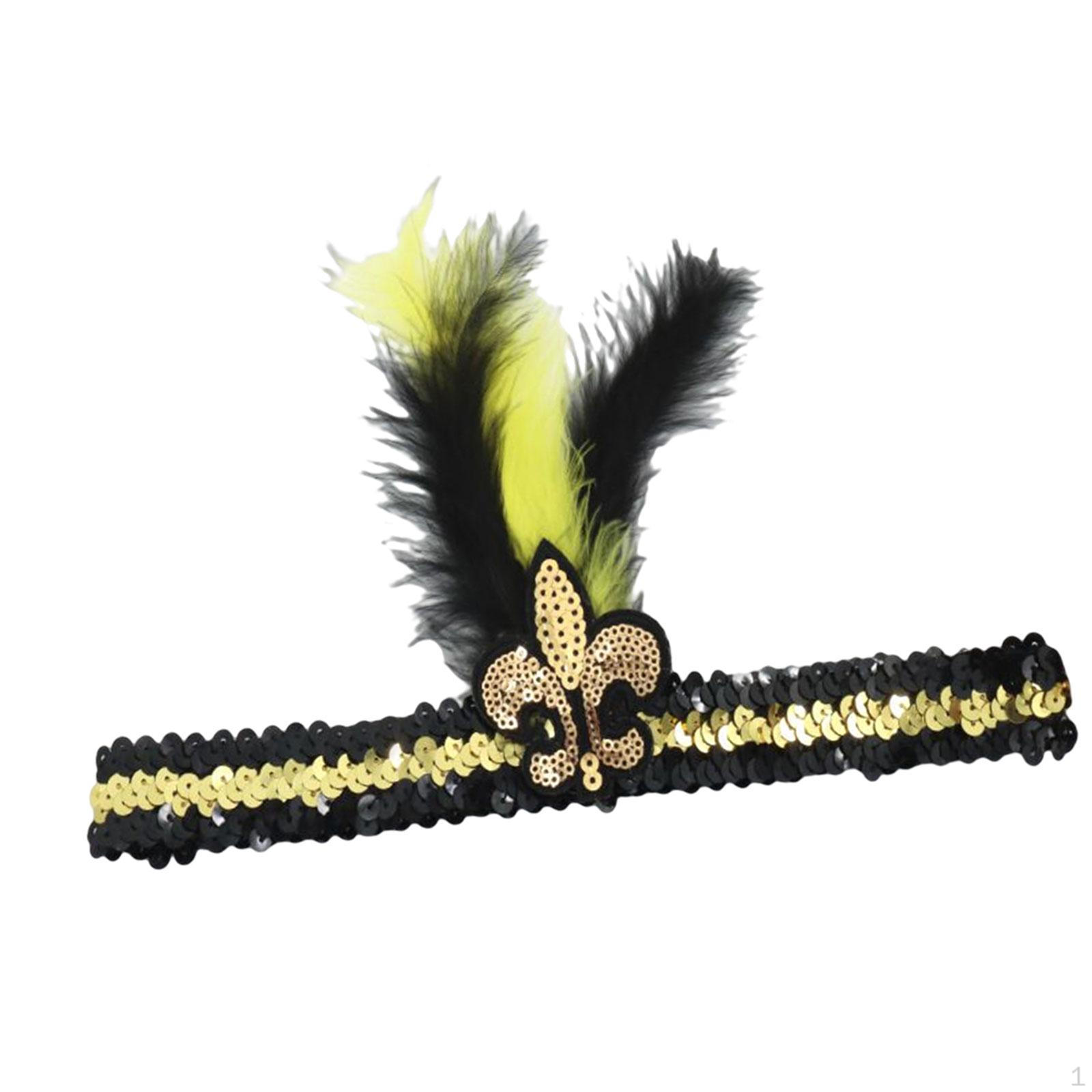 Mardi Gras Sequin Headband Elastic Adjustable for Party Carnival Supplies Black Yellow Feather