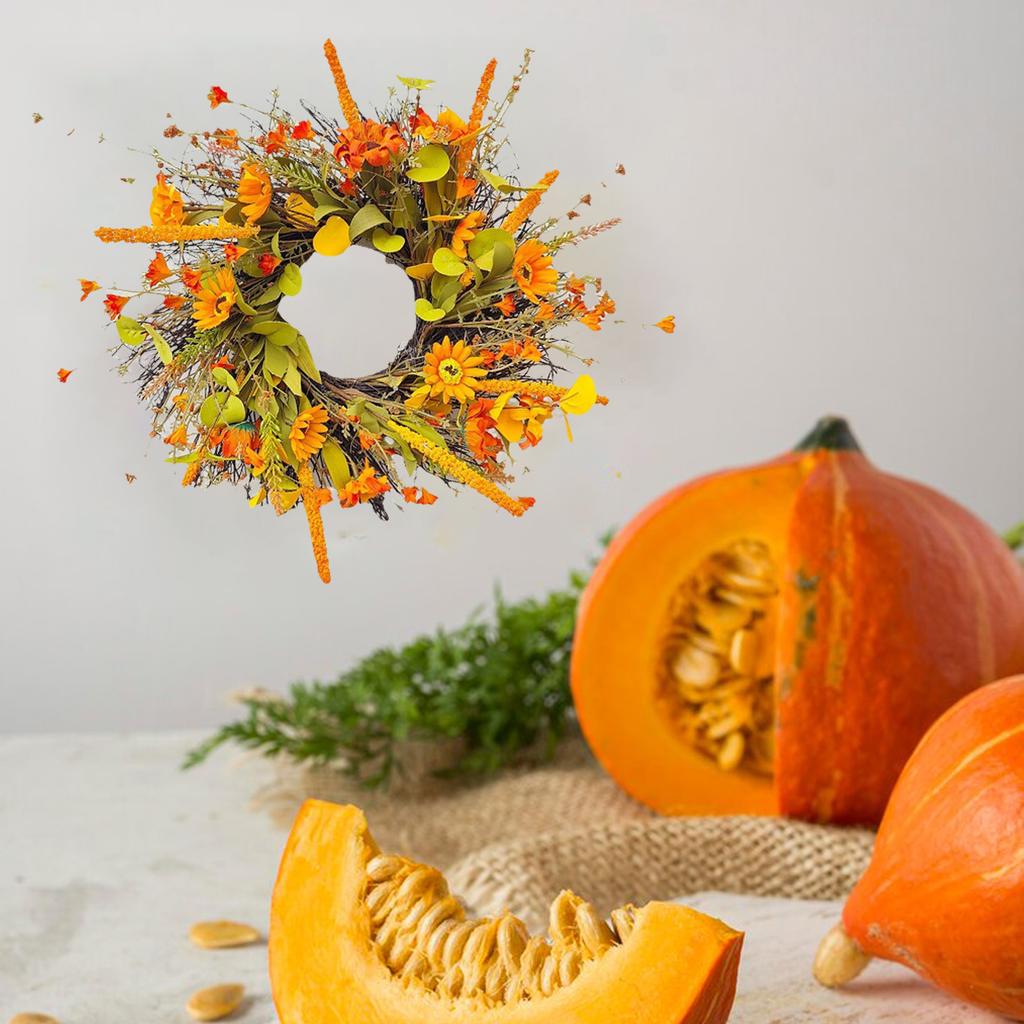 45cm Artificial Fall Wreath with Daisies Fall Leaves Rice Ear Autumn Harvest Door Wreath for Outside Festival Farmhouse