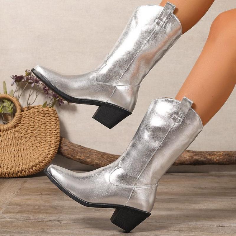 

New foot sleeve medium boots European and American large size square heel round head 2025 popular sleeve medium heel women s leather boots 39 срібний