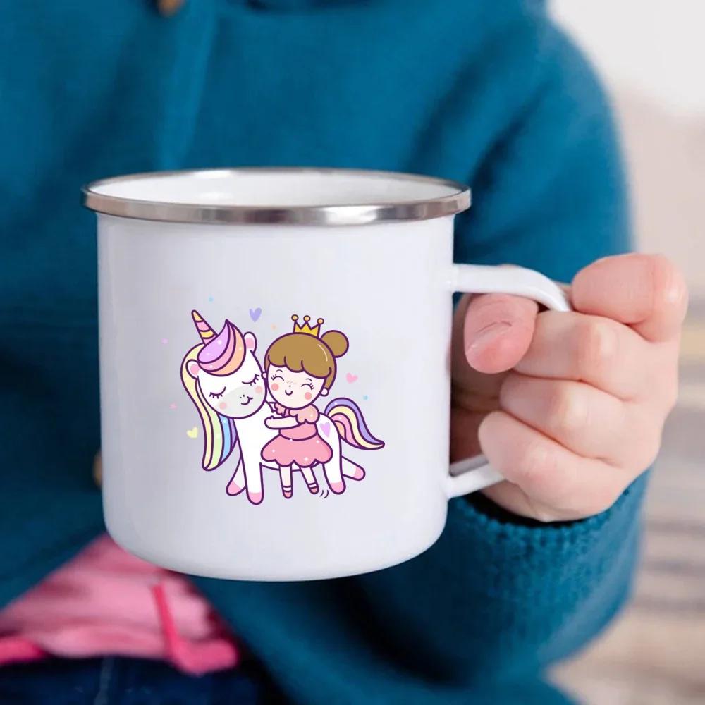 Cartoon Unicorn Printed Creative Mug Water Juice Drinks Milk Cup Enamel Mugs Handle Drinkware Kids Birthday Children's Day Gift