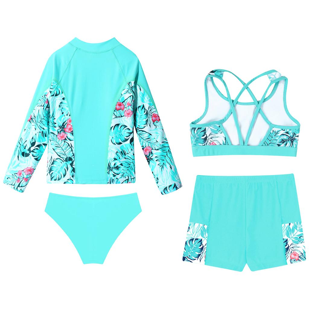 Zestaw Kąpielowy dla Dziewcząt 4-częściowy Top z Długim Rękawem na Zamek, Tank Top, Dół Kąpielowy, Szorty z Falbankami, Ochrona przed Słońcem