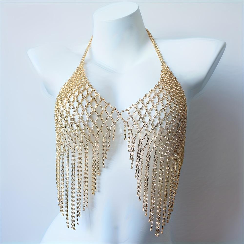 

Summer Nightclub European And American Hollow Mesh Fringed Rhinestone Breast Chain, Exaggerated Women S Love Underwear Jewelry золотой