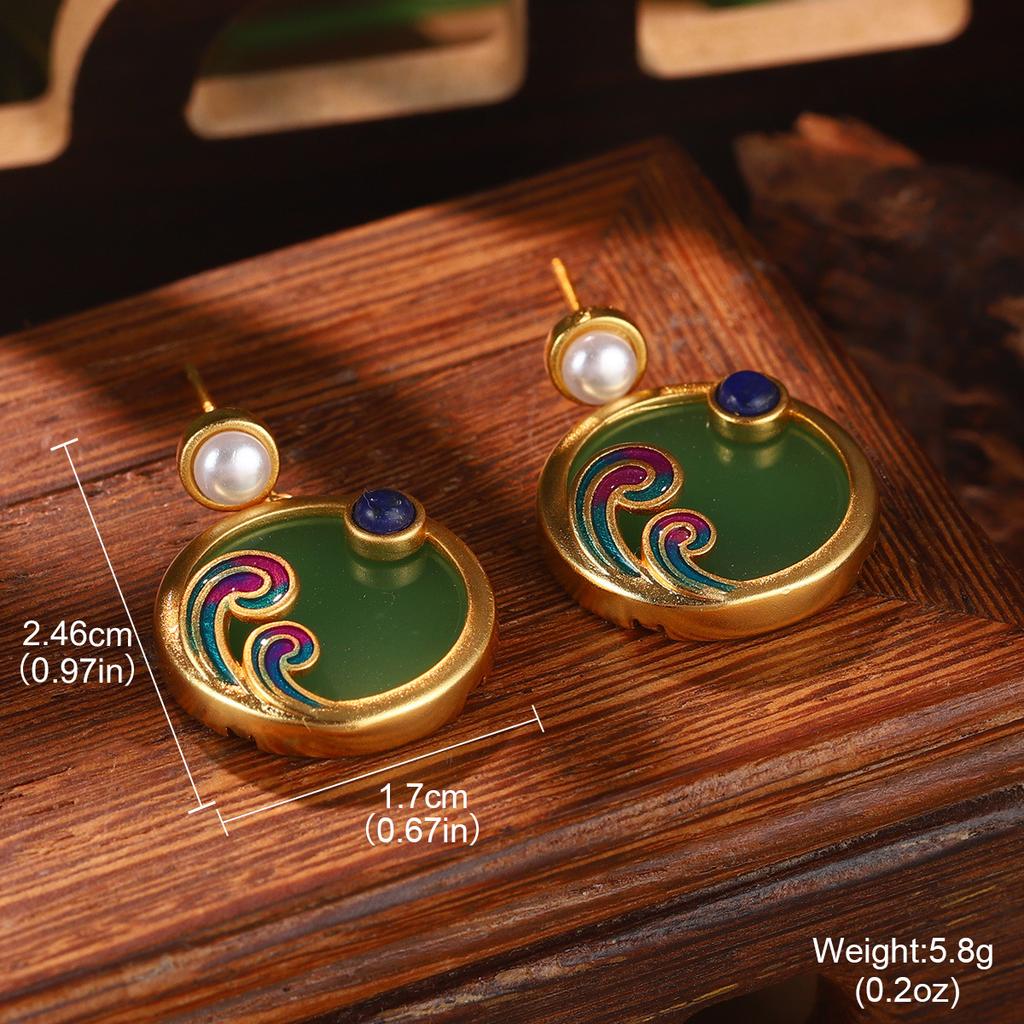 Antique new Chinese style flower fringed pearl earrings Hanfu accessories earrings imitation Hetian jade green agate temperament ear hook