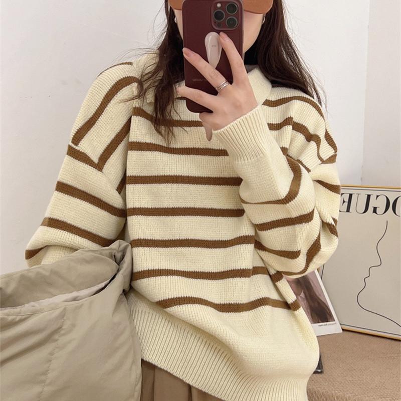 

Осенне-зимний молочный свитер для женщин с воротником поло, свободного кроя, с полосатым дизайном, нишевый, мягкий, восковой вязаный свитер, утолщенный топ One size