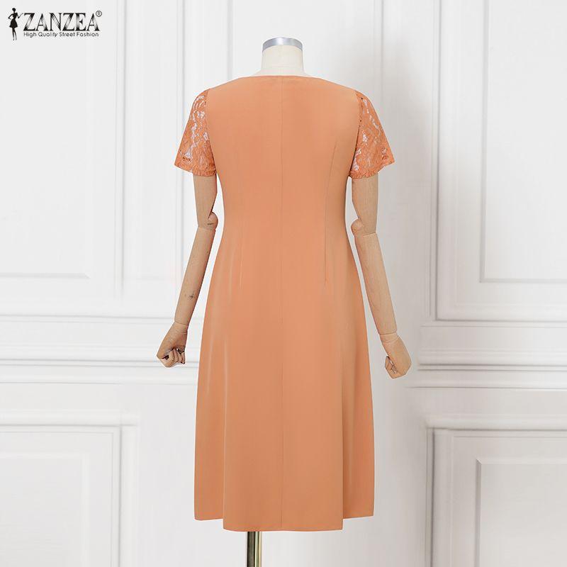 ZANZEA Women Casual V-Neck Short Sleeve Hollow Lace Patchwork Elegant Dress