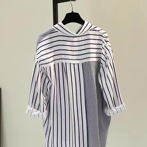 Camisa de rayas verticales de un solo bolsillo con colores a juego para mujer, camisa informal holgada, tendencia superior
