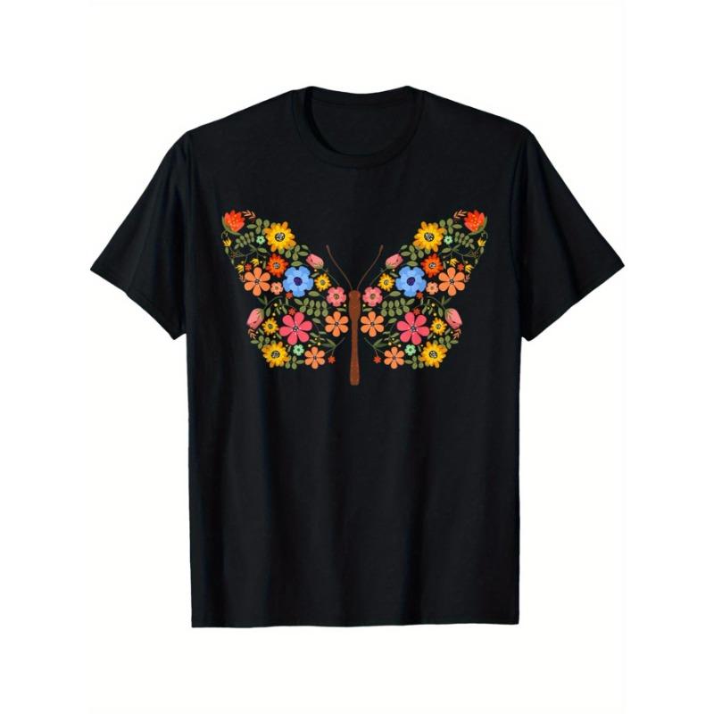 

Black Flower Emperor Butterfly Tshirt for Men and Women Vivid and Colorful Digital Printed Short SleeveArt Butterfly and Flower 4XL