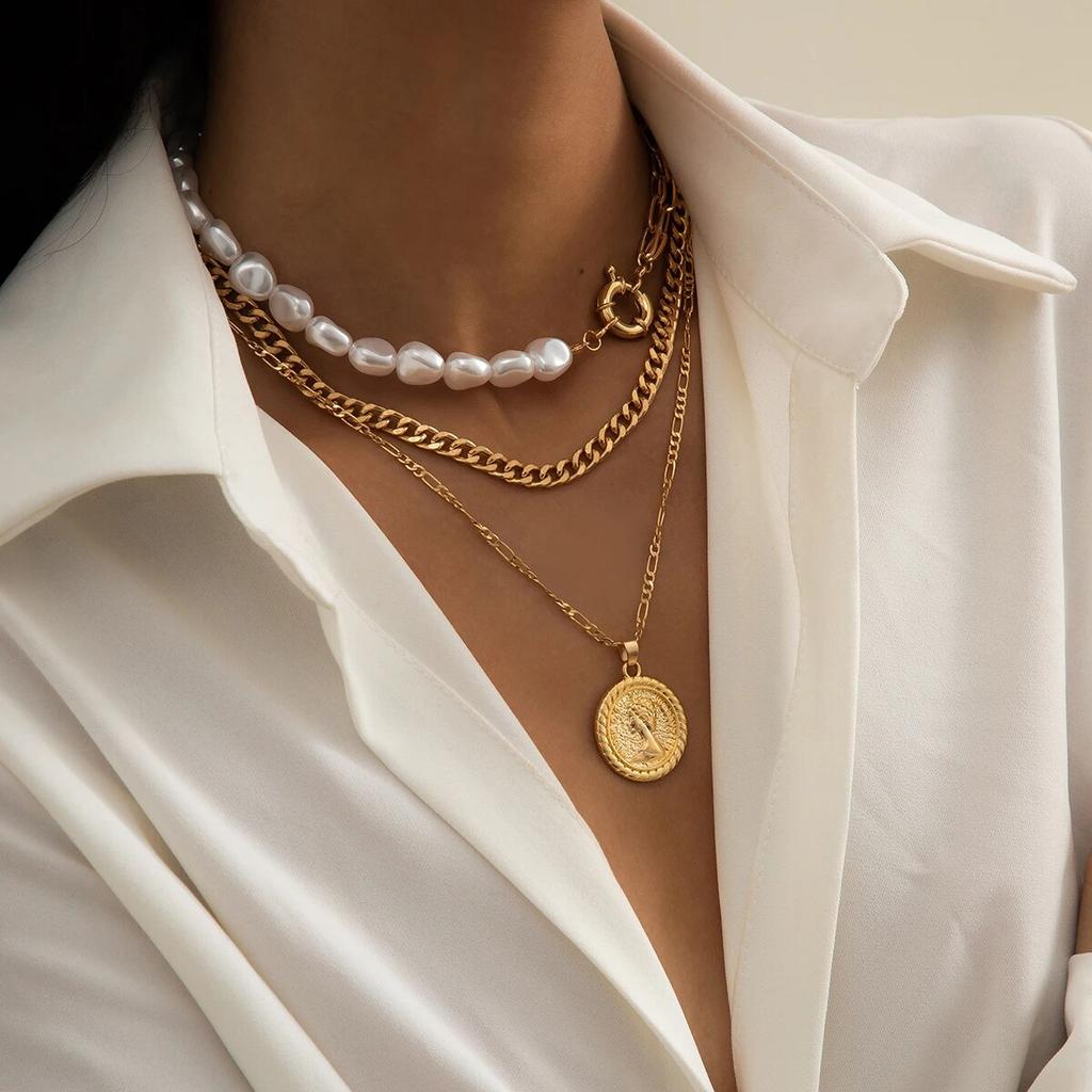 3Pcs/Set Goth Baroque Imitation Pearl Coin Portrait Pendant Choker Necklace for Women Vintage Link Chain Aesthetic Wed Jewelry