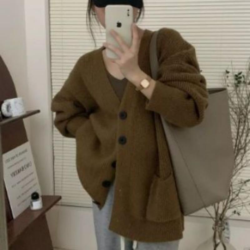 Retro Lazy Wind V-Neck Knitted Cardigan for Women's Autumn and Winter New Loose Versatile Single-breasted Sweater Jacket for Women