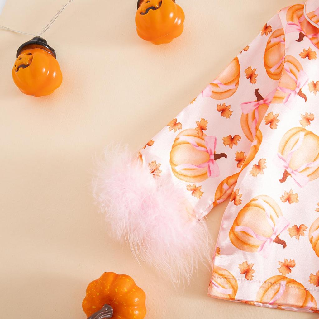 2025 Furry Halloween Pajama Set with Bowknot & Pumpkin Print - Two-Piece Turn-Down Collar Homewear