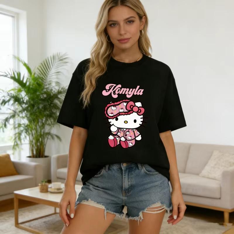 Cotton Cartoon Print HelloKitty Tshirt Summer Unisexs and Womens Shortsleeved Versatile Loose Couple Casual Clothes