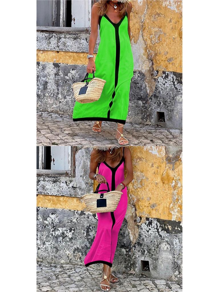 2026 Women's Vacation A-Line Dress with Adjustable Straps and Color Block Design