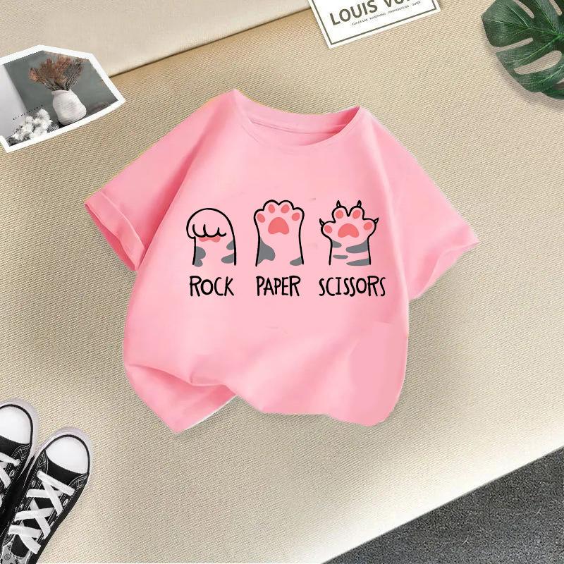 Children T-shirt Cute Cat Printed Kids 100% Cotton Clothes Tops 2-13Y Loose-fit Casual  O-Neck Short-sleeve T-shirt