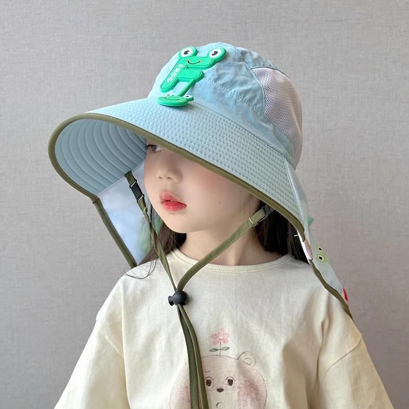 Kids Wide Brim Sun Hat Solar Rechargeable Fan Neck Flap Uv Protection For Summer Beach Activities