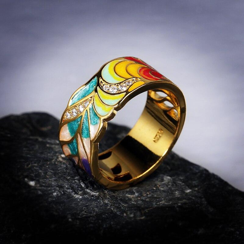 Ladies Silver Ring 925 Silver Plated Fashion Ring Golden Color Feather Zircon Ring Party Jewelry Enamel Handmade