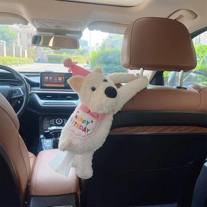 Soft Plush Tissue Box Cute Pet Hanging Car Paper Tower Box Creative Plush Doll Tissue Box In-car Armrest Doll Decoration