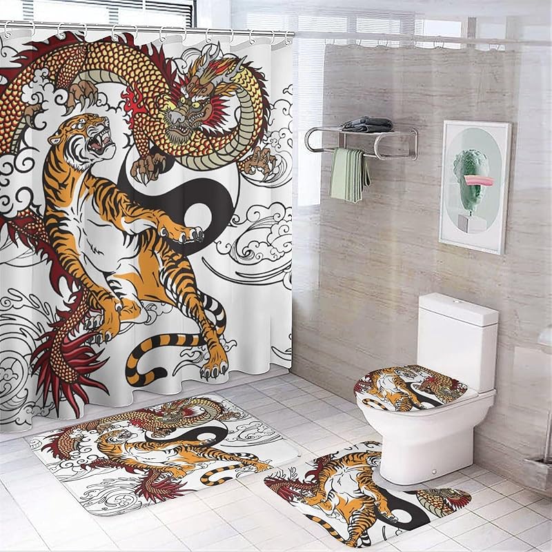 Cool Black and White Dragon and Tiger 4 Pieces Shower Curtain Set,Metaphysical Sky Dragon and Tiger Yin Yang Non-Slip Rugs Toilet Lid Cover Bath Mat