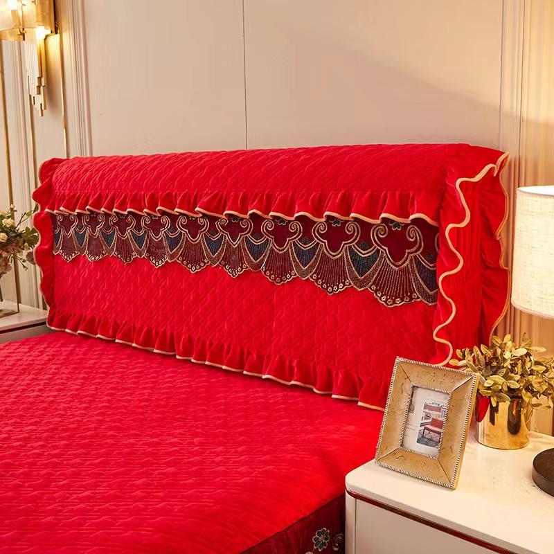 Luxury Fine Flannel Quilted Bed Head Cover Lace Edge Short Plush All-inclusive Headboard Cover Elegant Protective Cover