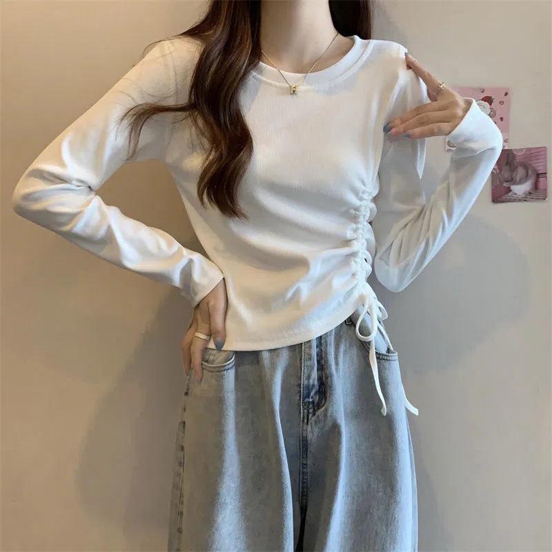 Women's Slim Fit Long-Sleeve Drawstring Pleated Top - New Autumn/Winter Design with Irregular Hem
