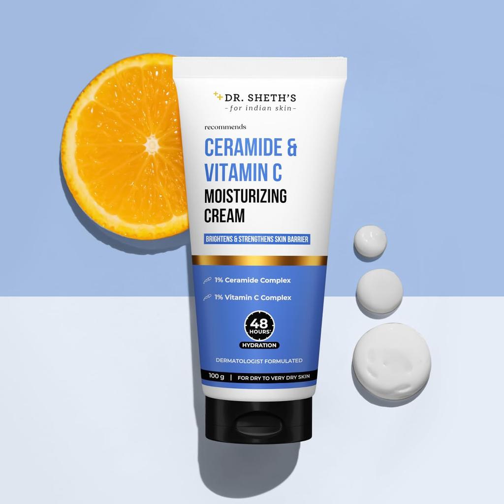 Dr. Sheth's Ceramide & Vitamin C Moisturizing Cream 100g for Deep Hydration & Skin Barrier Repair