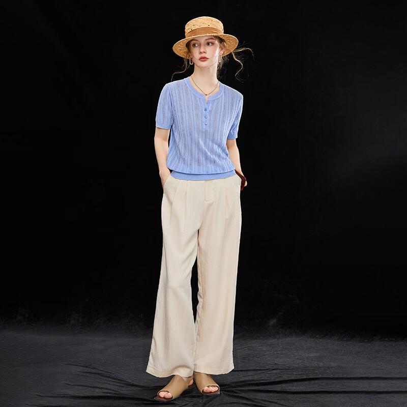 Women's French Style Tencel Linen Blend Henley Knit Top