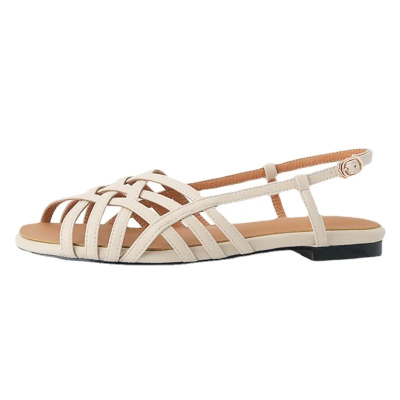 Fashion 2024 Hot Sale Ladies Shoes Peep Toe Women's Sandals Outdoor Daily Sandals Women Narrow Band Buckle Strap Flat with Shoes Women