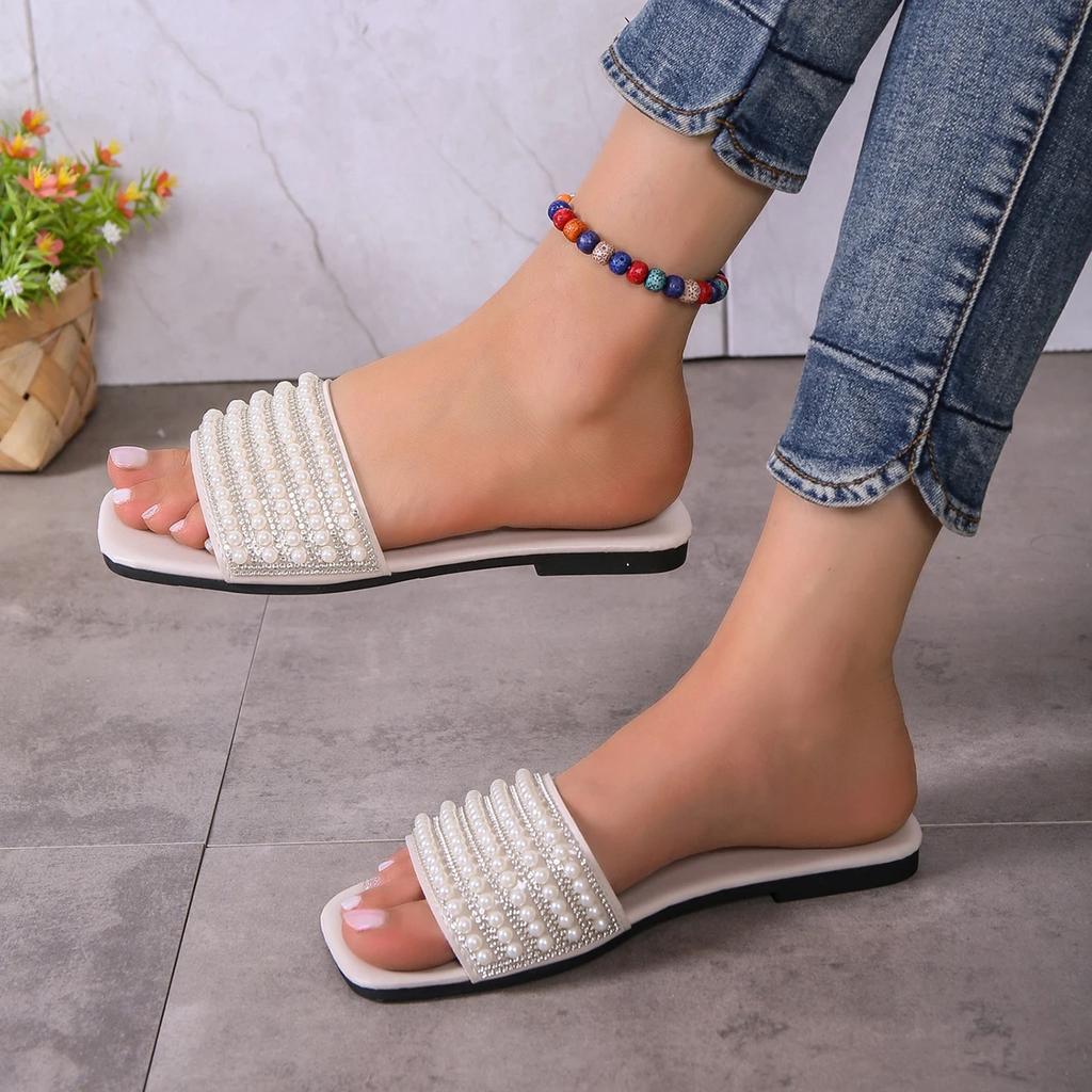 Foreign Trade Fashion Solid Color Water Diamond Pearl Flat Slippers for Women's Summer New Style One Step Stepping Home Slippers