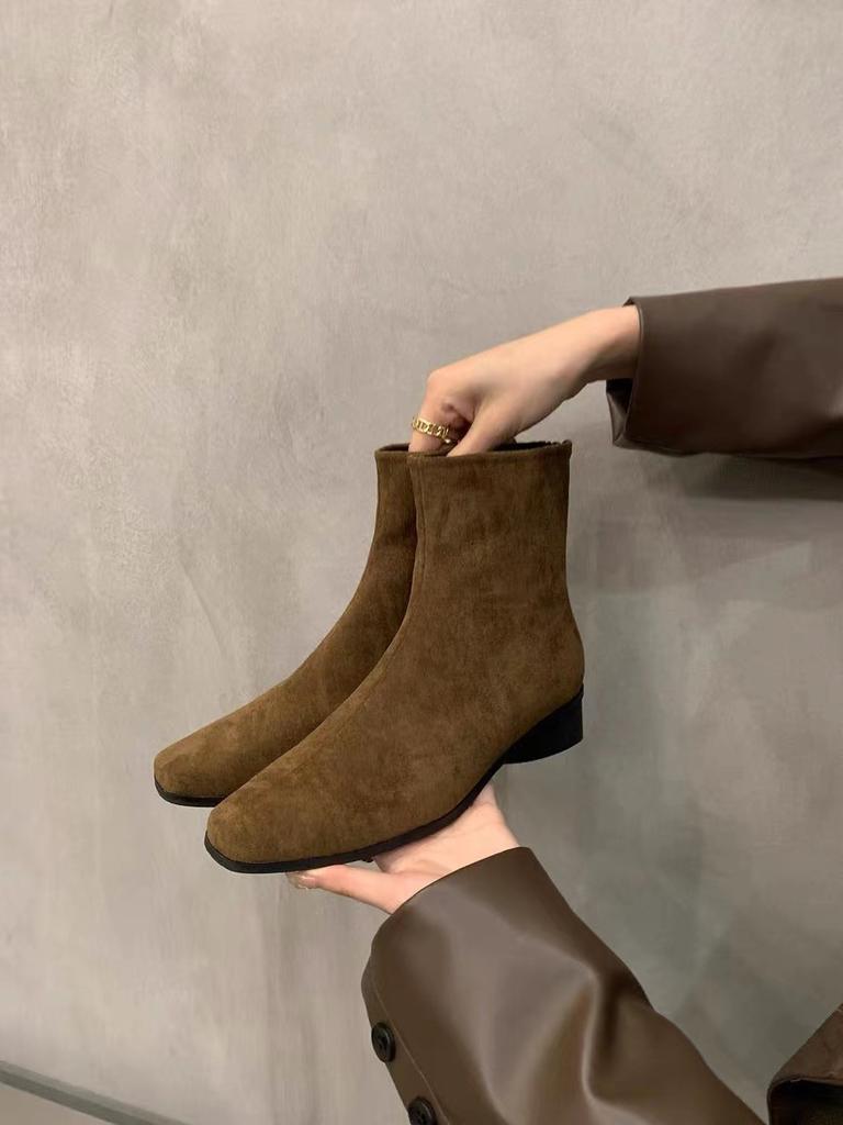 Premium retro small short boots women's autumn and winter velvet thick heel thin boots suede small ankle boots