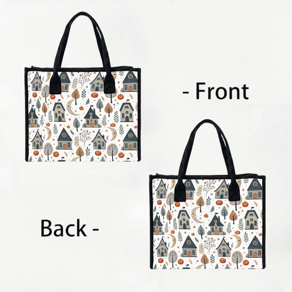 Cute House Print Canvas Tote Bag Portable Casual Shopping Handbag for Daily Use