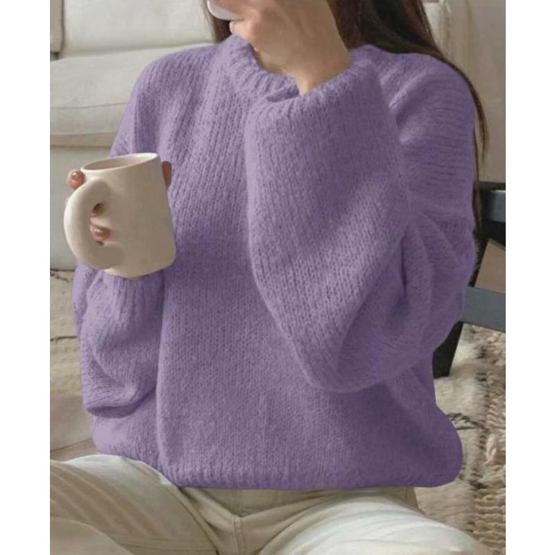 Crew neck imitation mohair sweater women's autumn and winter knitted top fashion casual sweater women's clothing