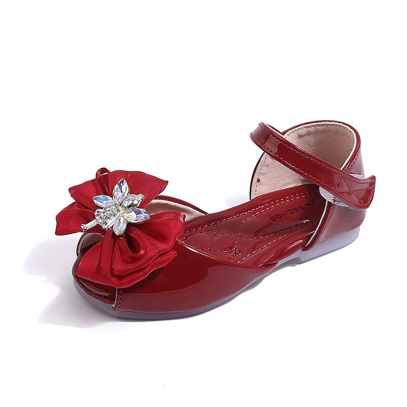 Girls' Angel Button and Bow-Decorated Patent Leather Soft-Sole Princess Shoes / Fish-Mouth Children's Princess Sandals