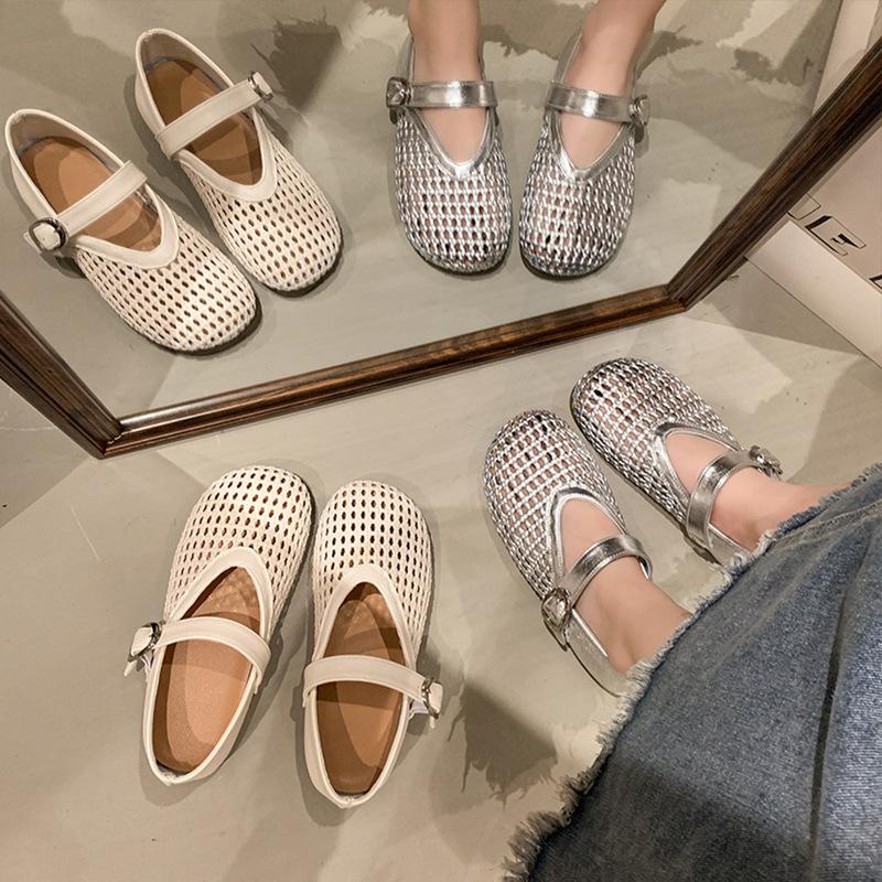 Hollow Fishing Net Crocheted One-word Strap Single Shoes Women's 2025 New Round Head Flat Ballet Shoes Woven Mary Jane