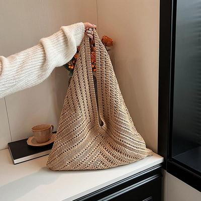 Women Hollow Out Knitted Tote Handbag Triangle Design Woven Beach Bag Lightweight Elegant Portable Crochet Shoulder Bag Purse