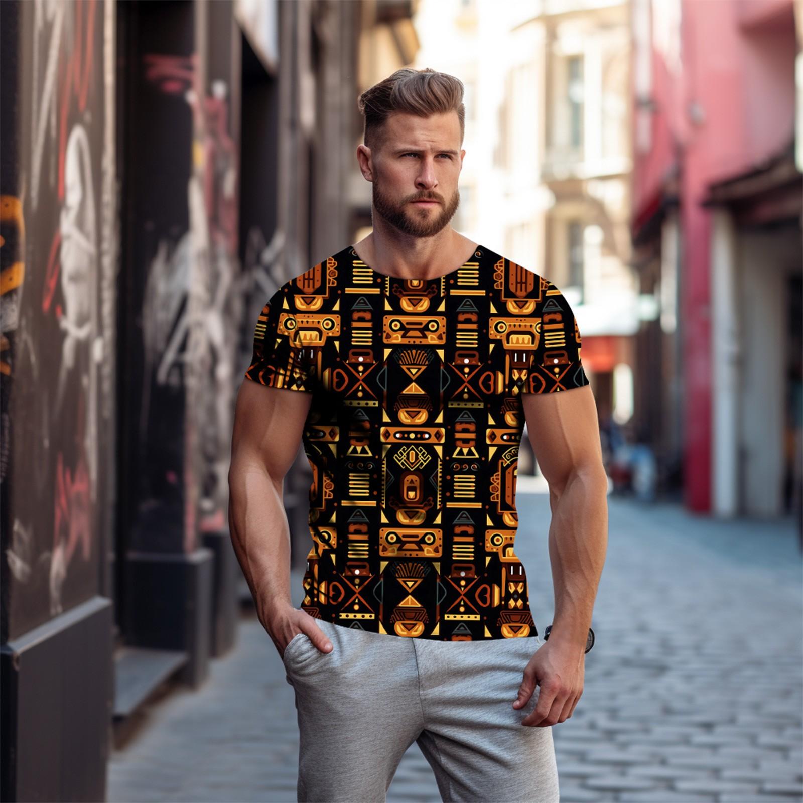 

Мужская и женская весенне-летняя повседневная футболка с короткими рукавами и 3D этническим принтом, пуловер с круглым вырезом M