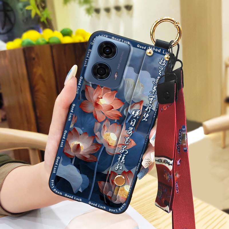 Anti-dust Wrist Strap Phone Case For MOTO G24 Power Lanyard For Mom Durable Wristband Fashion Kickstand Silicone Ring