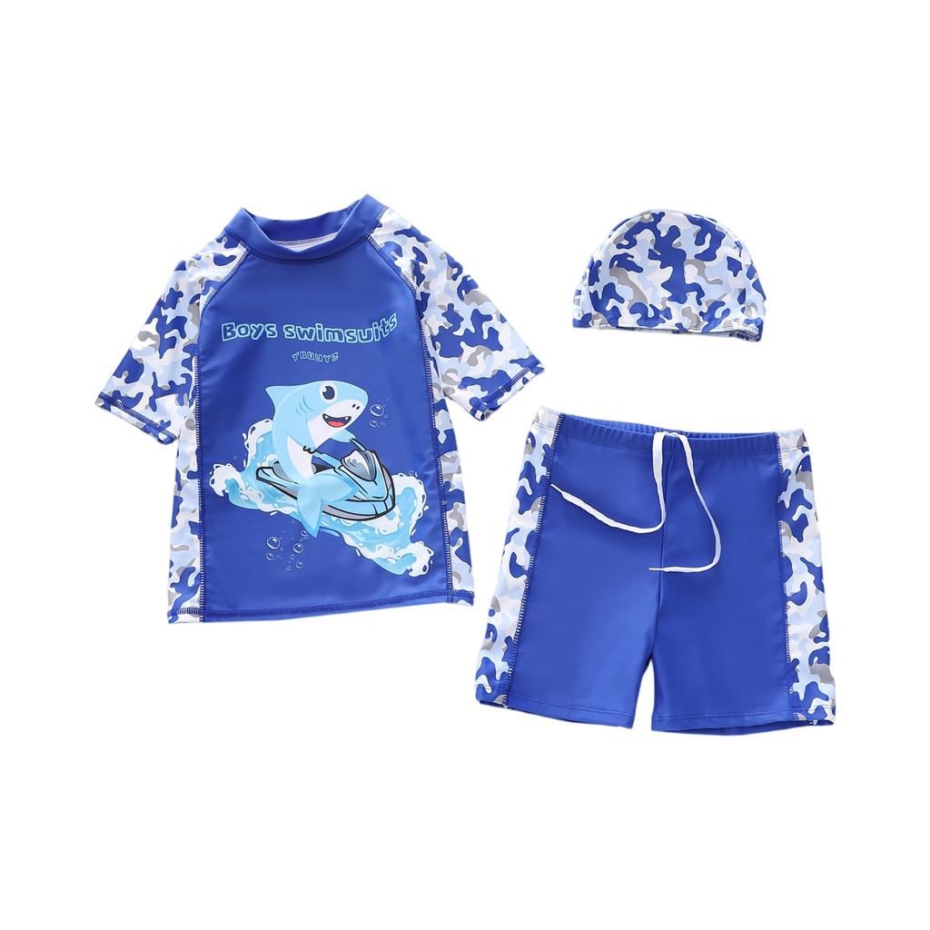 Boys Three Piece Swimsuit Set Short Sleeve Rash Guard Swim Shirt Swim Shorts and Swim Cap Cartoon Dinosaur Print Sun Protection Swimwear