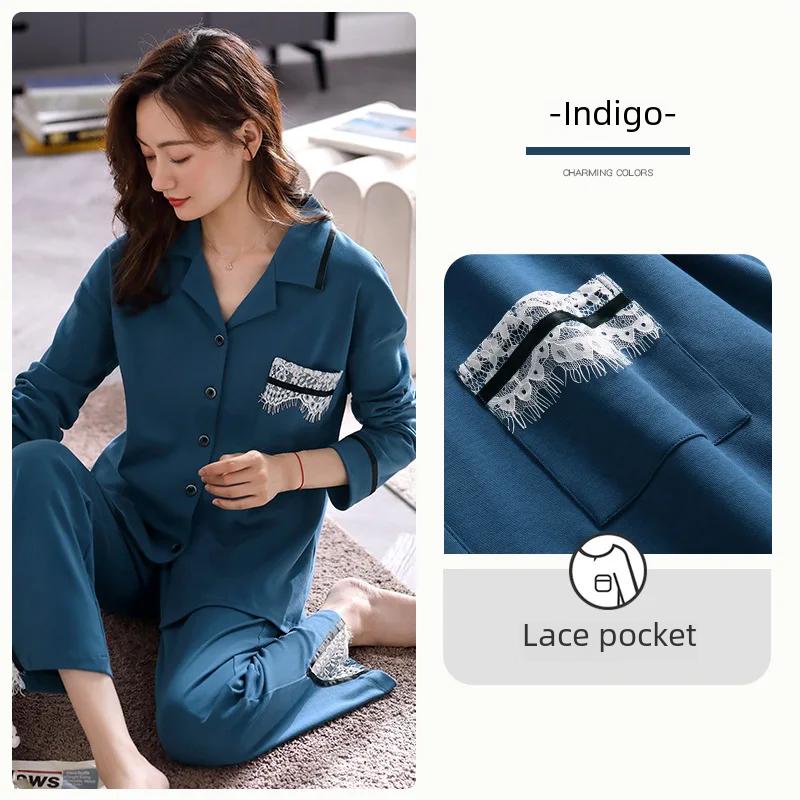 Ladies' 100% Cotton Long Sleeve Pajama Set Spring/autumn Thin Style Winter Warm Homewear Suit