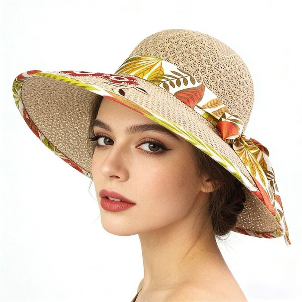 Foldable Flower Embroidery Hat Wide Brim Panama Hat New Straw Beach Cap  Outdoor Casual