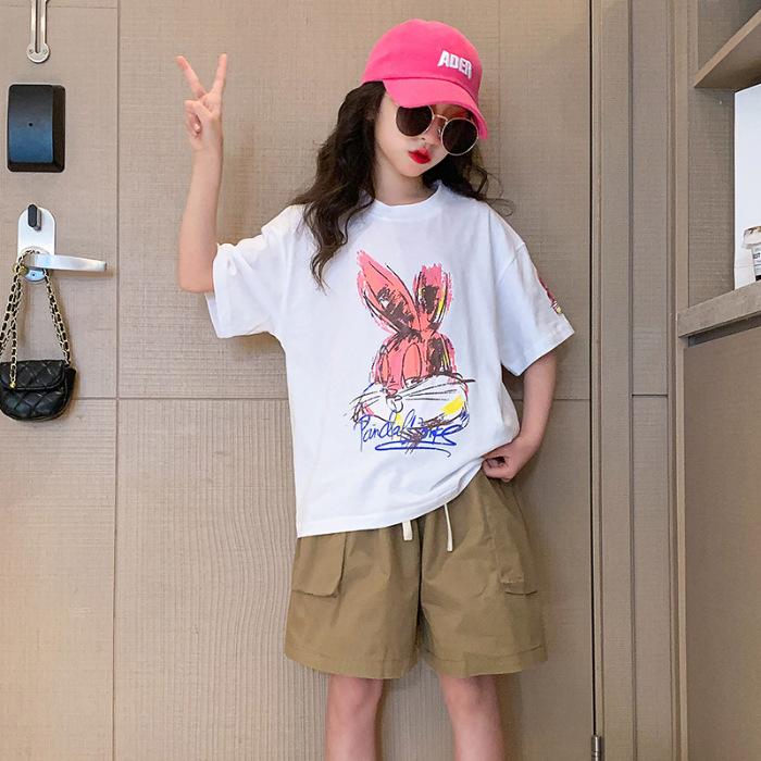 Summer Children Cartoon Print T-shirt for Girls Causal Short Sleeve Tee Tops Teenager Fashion Kids Clothes