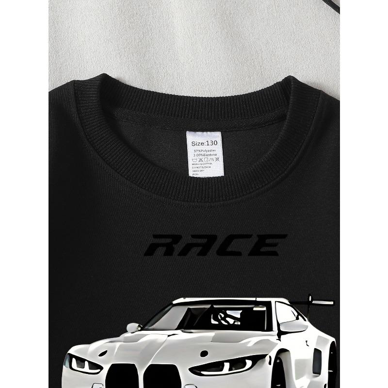 European Size Race Car Speed Design White Sport Crew Neck Fashion Sweatshirt, Autumn and Winter Western Style Top, Children's Long Sleeved