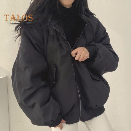 Lady Winter Coat Thick Fleece Lining Loose Hooded Long Sleeves Solid Color Double-sided Wear Zipper Closure Work Dating Travel Jacket